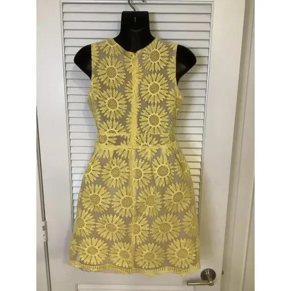 Moon Collection Yellow Sunflower Embroidered Sheer Sleeveless Mini Dress S - Picture 4 of 6